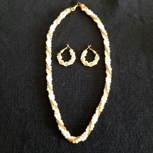 Faux Pearl Goldtone Braided Necklace and Earrings